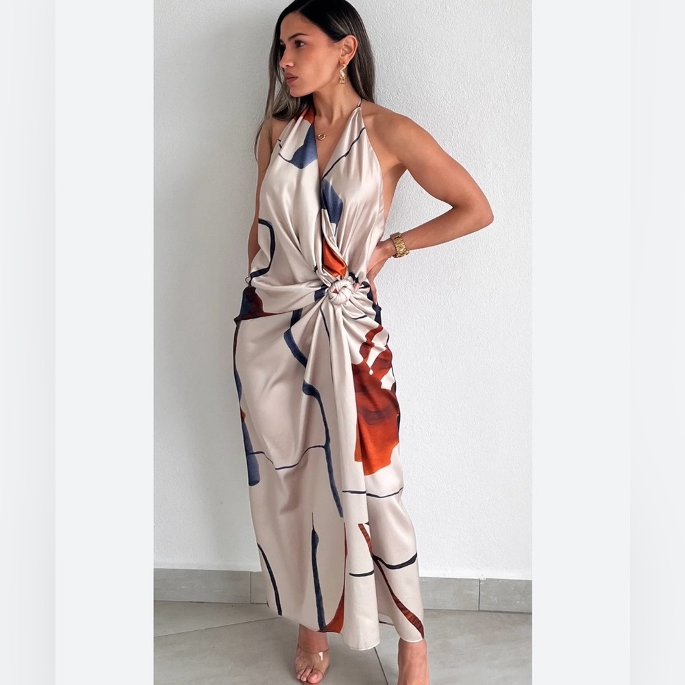 Elegant Halter Neck Dress in White with Blue and Orange Accents - Picture 2 of 5